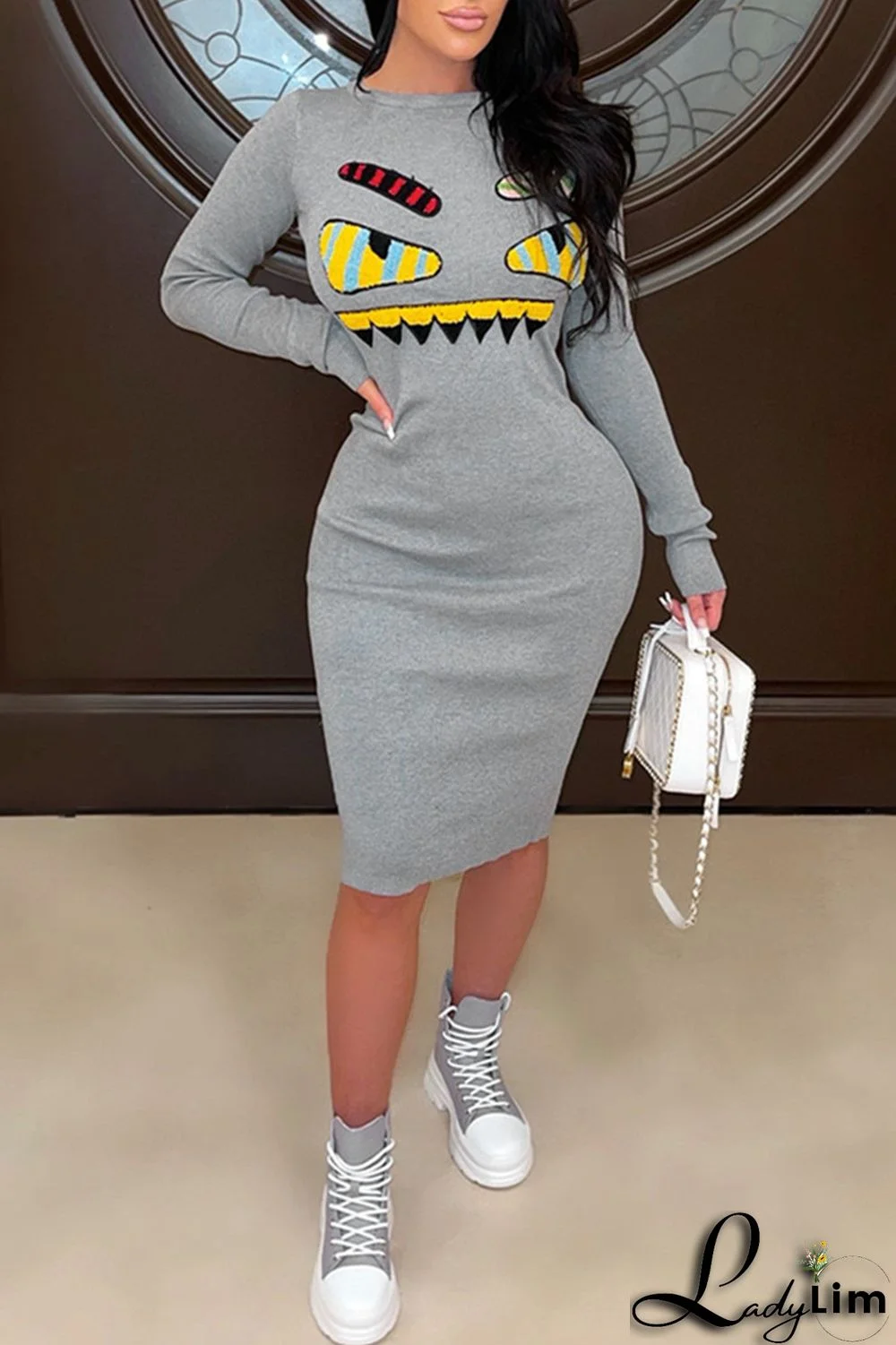 Grey Fashion Casual Print Basic O Neck Long Sleeve Dresses