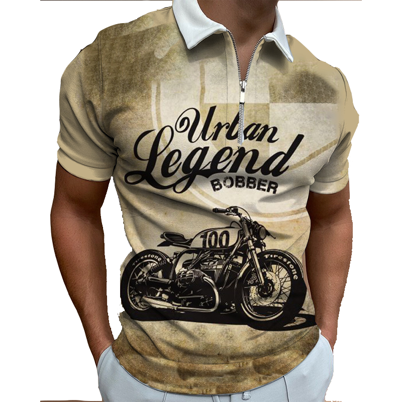 Men's Vintage Motorcycle Print Zip Neck POLO Shirt、、URBENIE