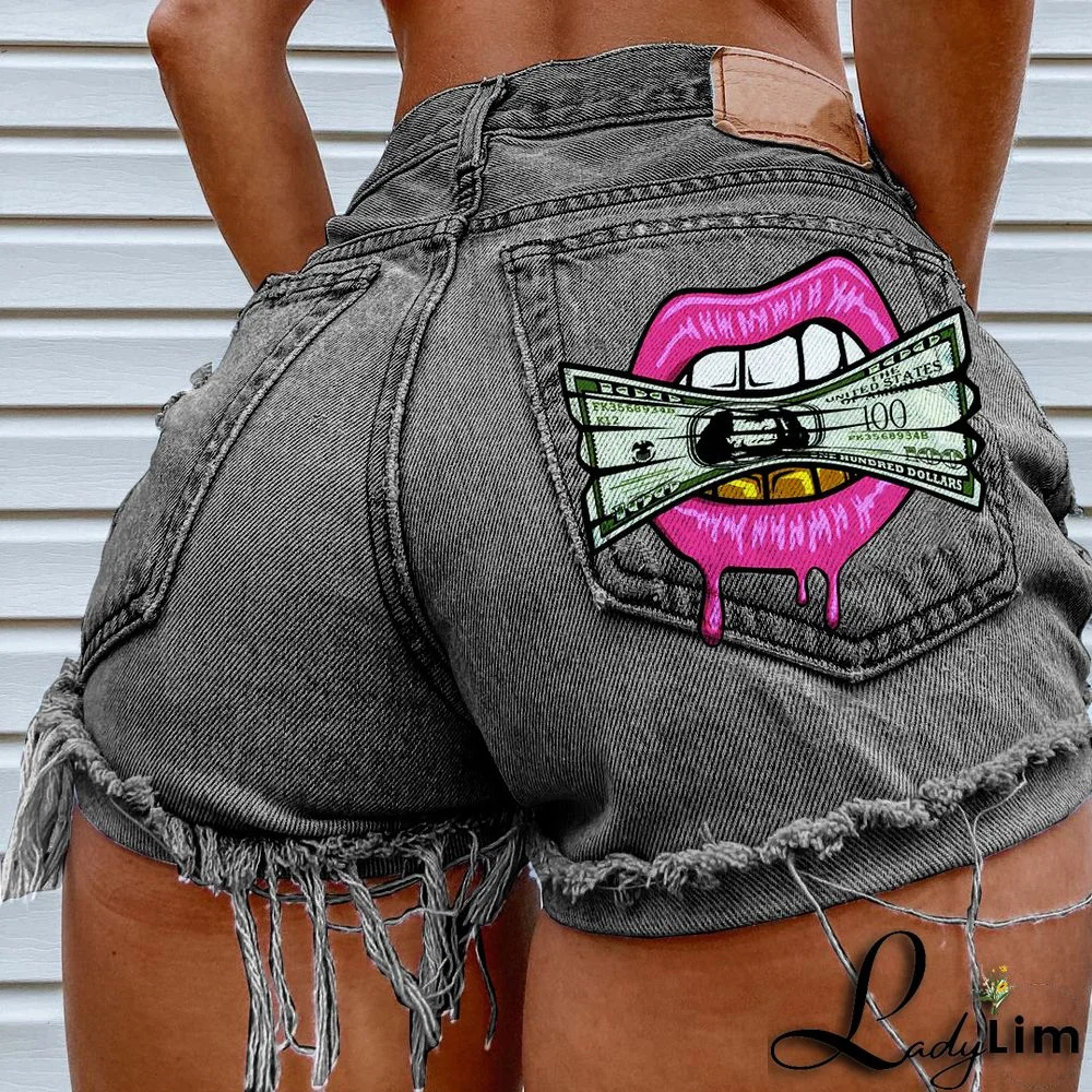 Ladies Summer Fashion Print Ripped Denim Shorts Ripped Jeans