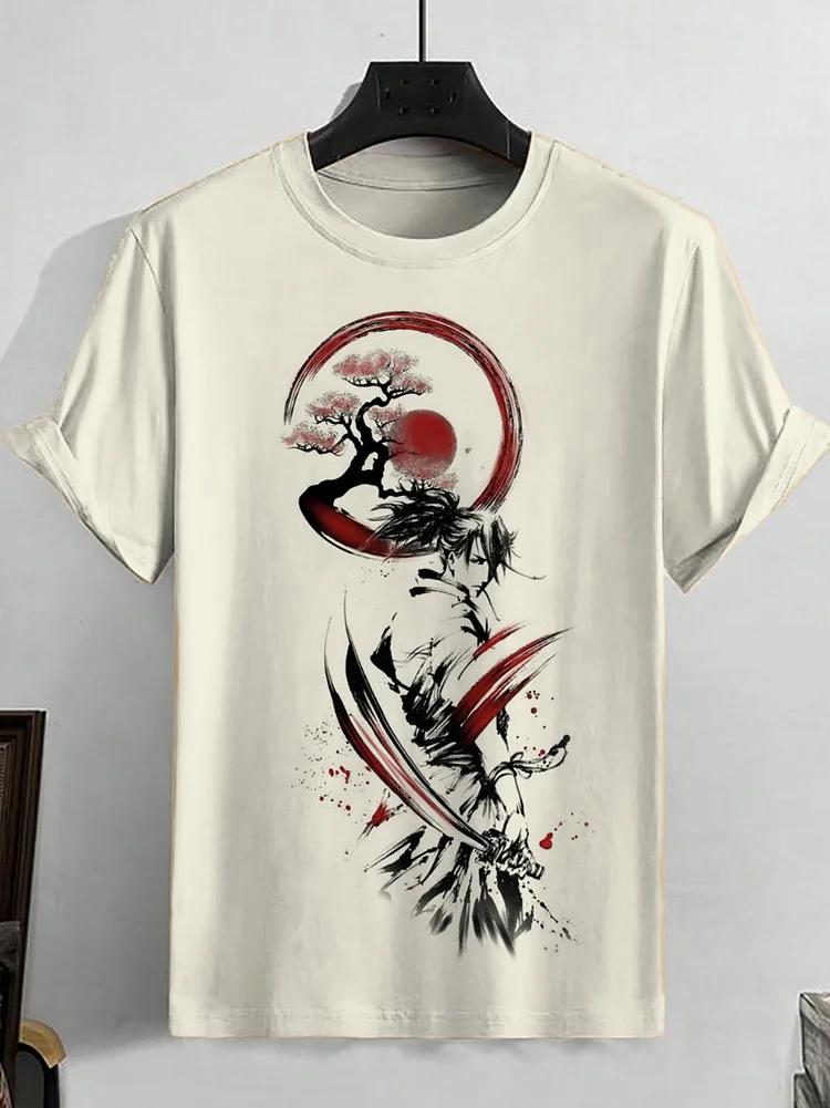 Men's Vintage Samurai Bonsai Ink Art Print Casual T-Shirt