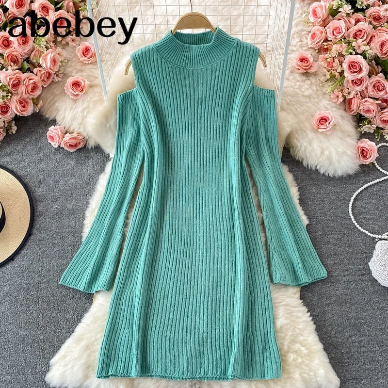 2023 New Spring Autumn Fashion stand collar flared sleeve knitted Dress hollow out off shoulder design loose mid-length Dress