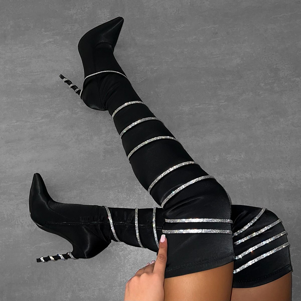 Black Pointy Toe Boots Glitter Straps Knee High Boots