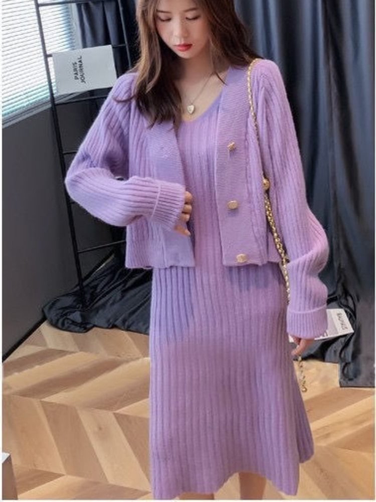 Womans Clothes For Autumn Winter Loose Solid Knitwear Women's Two Piece V-Neck Casual Dress Set Long Sleeve Sweater Skirt