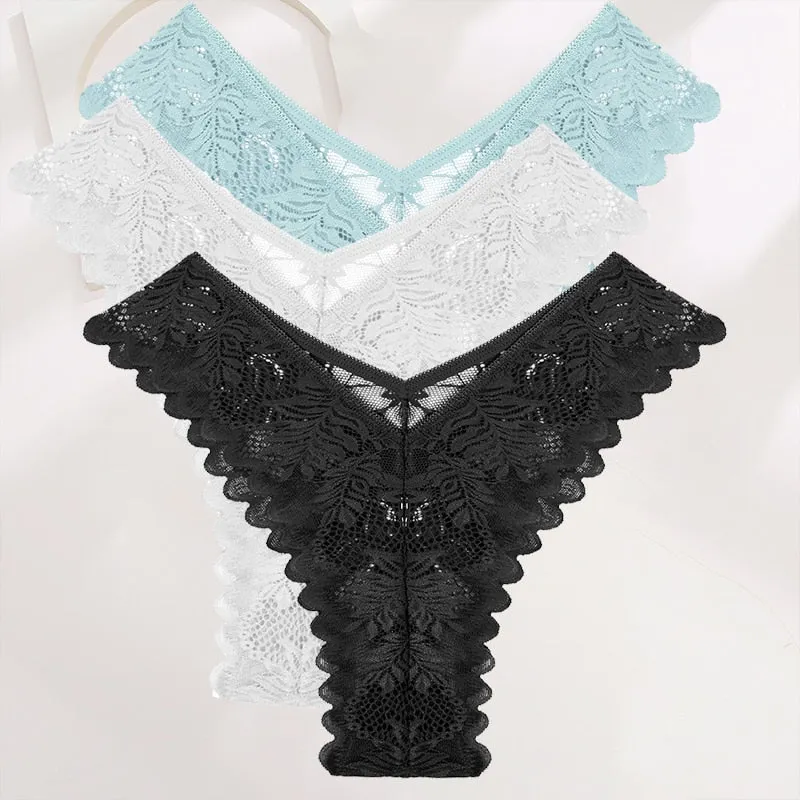 FINETOO 3PCS/Set Lace Gstring Panties Women Sexy M-XL Girls Thongs Perspective Temptation New Pantys Underwear Female Intimates