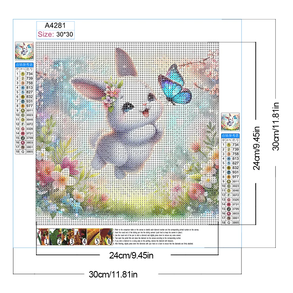 Full Round Diamond Painting 30*30cm - Rabbit And Butterfly