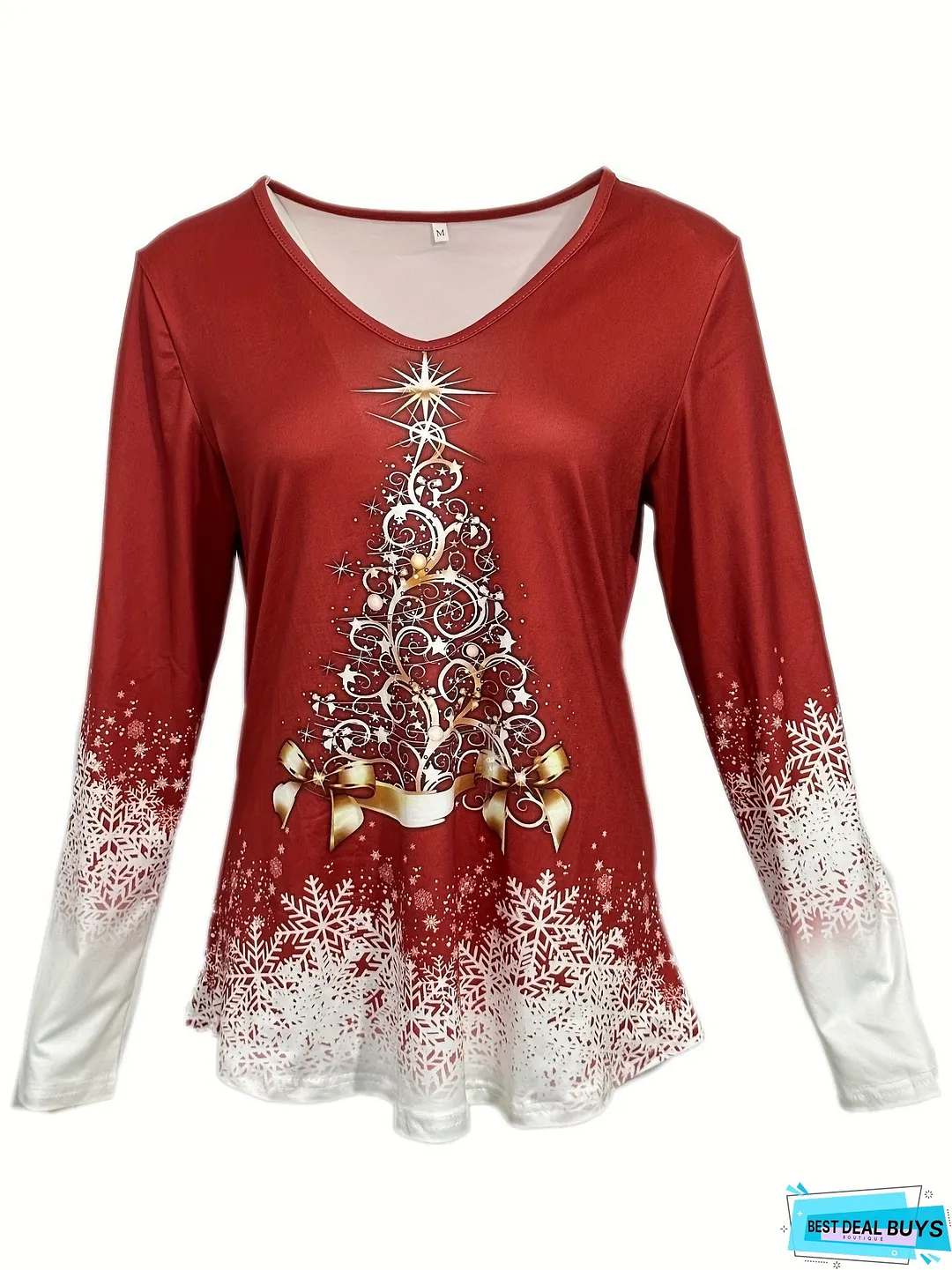 Christmas Graphic Print V Neck T-Shirt, Casual Long Sleeve Top For Spring & Fall, Women's Clothing
