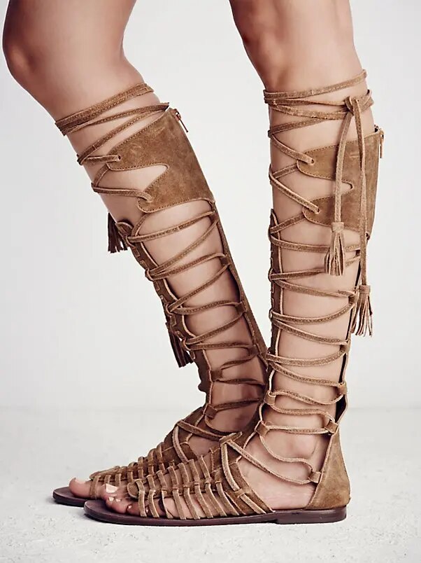 VCSHOES Brown Suede Cross Straps Cutout Gladiator Sandals Boots Tassel Knee High Boots Ladies Peep Toe Fringe Boots