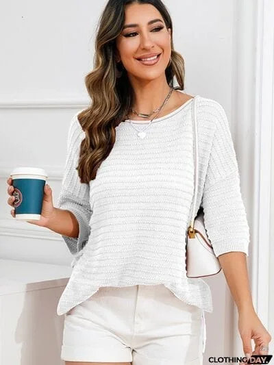 Rolled Round Neck Dropped Shoulder Slit Sweater