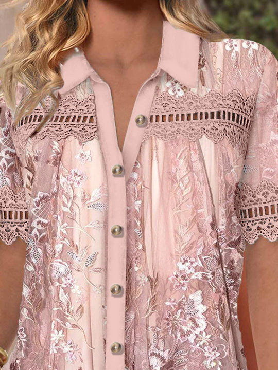 Women Short Sleeve V-neck Floral Printed Graphic Lace Hollow Stitching Button Tops