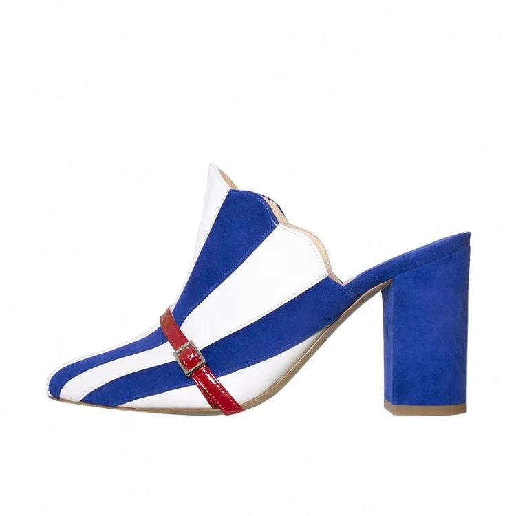 Royal Blue and White Stripes Mule Heels Closed Toe Chunky Heels |FSJ Shoes