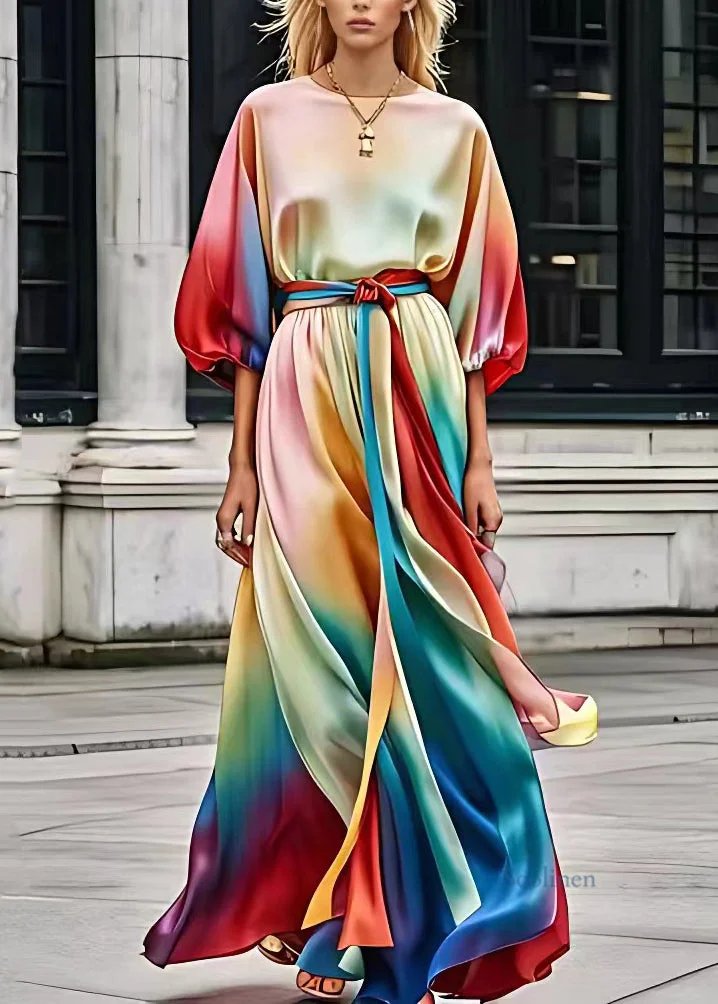 Pre sale - shipping in 30 days/Loose Rainbow O-Neck Tie Waist Silk Long Dresses Summer