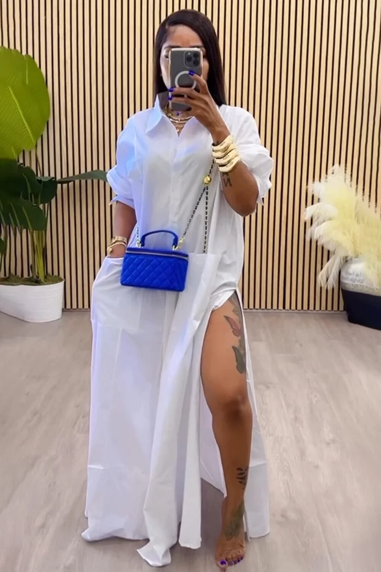 Long Sleeve Button Up High Slit Daily Maxi Shirt Dresses-White