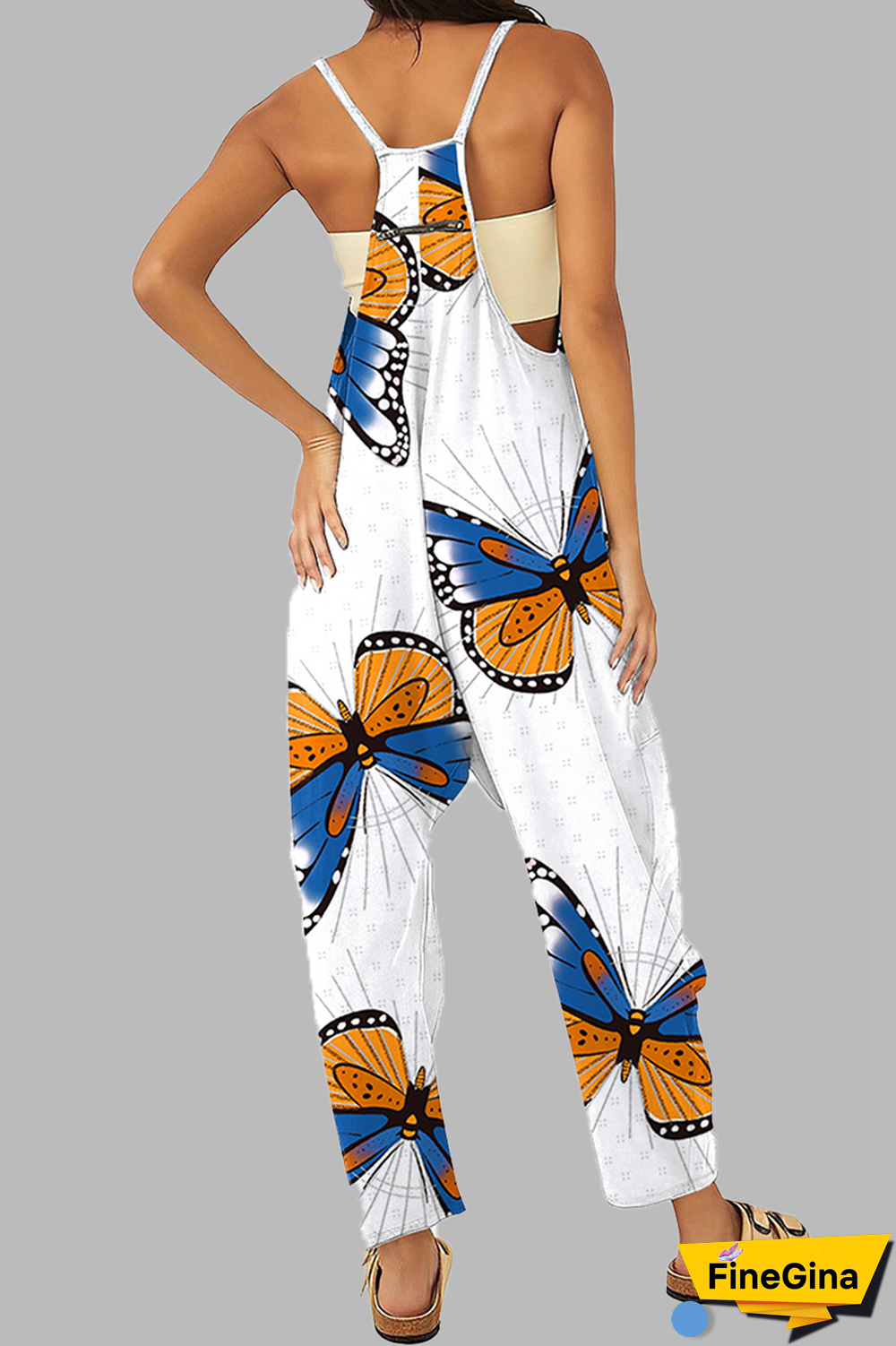 Black khaki Casual Gradual Change Print Patchwork Pocket Zipper Spaghetti Strap Loose Jumpsuits