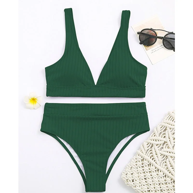 Peachtan Sexy solid ribbed bikinis 2021 mujer High waist swimsuit women V neck swimwear female Sport bathing suit Stripe biquini