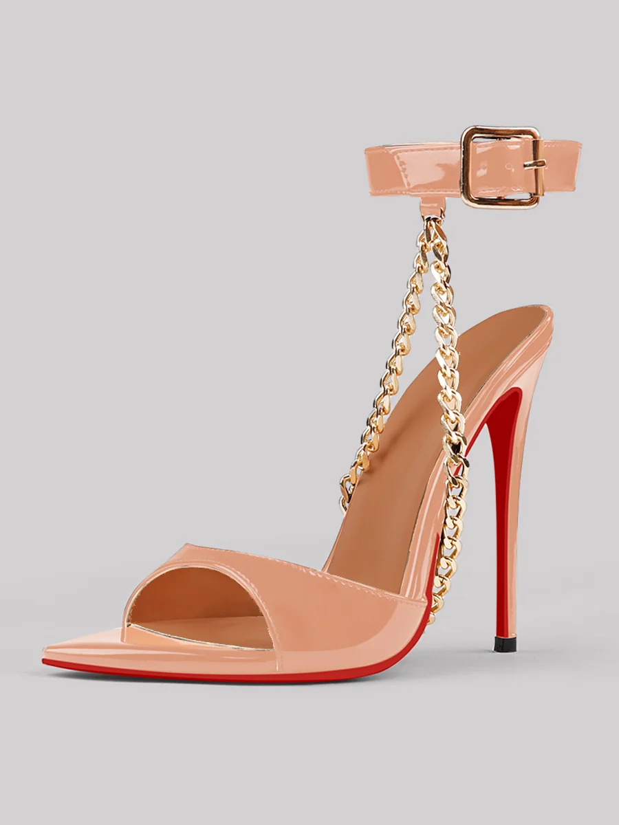 85mm Women's Open Toe Sandals Stiletto Red Bottom High Heels Ankle Chain Mules Patent Shoes