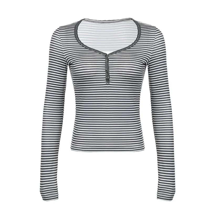 Ueong Sensitive Lace Hit Striped T-Shirt Spice Girl Slim Short Navel Blouse V-Neck Long-Sleeved Bottomed Shirt