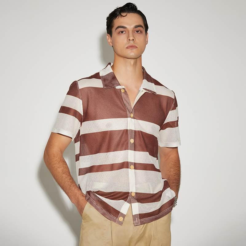 Striped See Through Summer Men's Casual Short Sleeve Shirts-VESSFUL