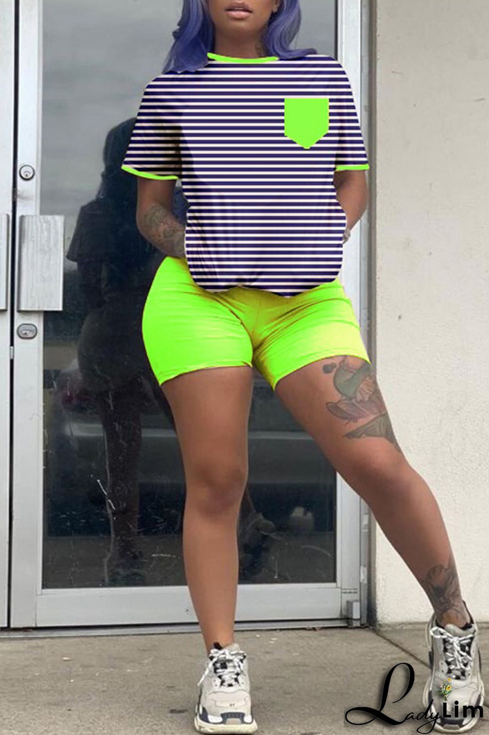 Fluorescent Green Fashion Casual Striped Print Patchwork O Neck Short Sleeve Two Pieces