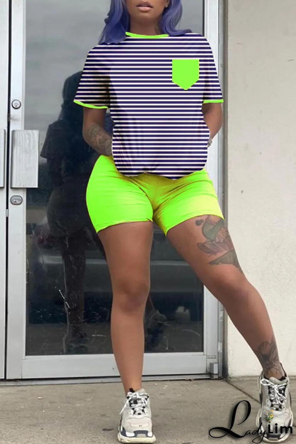Fluorescent Green Fashion Casual Striped Print Patchwork O Neck Short Sleeve Two Pieces