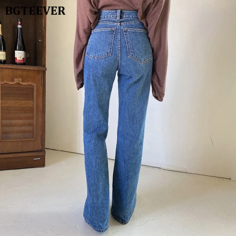 BGTEEVER Casual Loose Straight Women Jeans Pants High Waist Pockets Female Floor-length Wide Leg Denim Trousers 2021 Autumn
