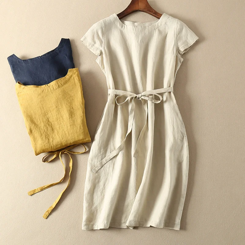 Summer solid color cotton and linen tie dress