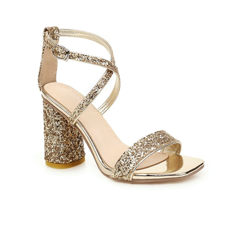 VCSHOES Bling Bling Sequined Cross Ankle Strap Block Heel Chunky Sandals