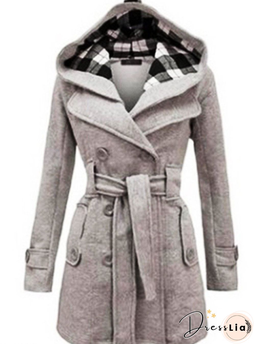 Checked Hooded Woolen Coat With Long Belt