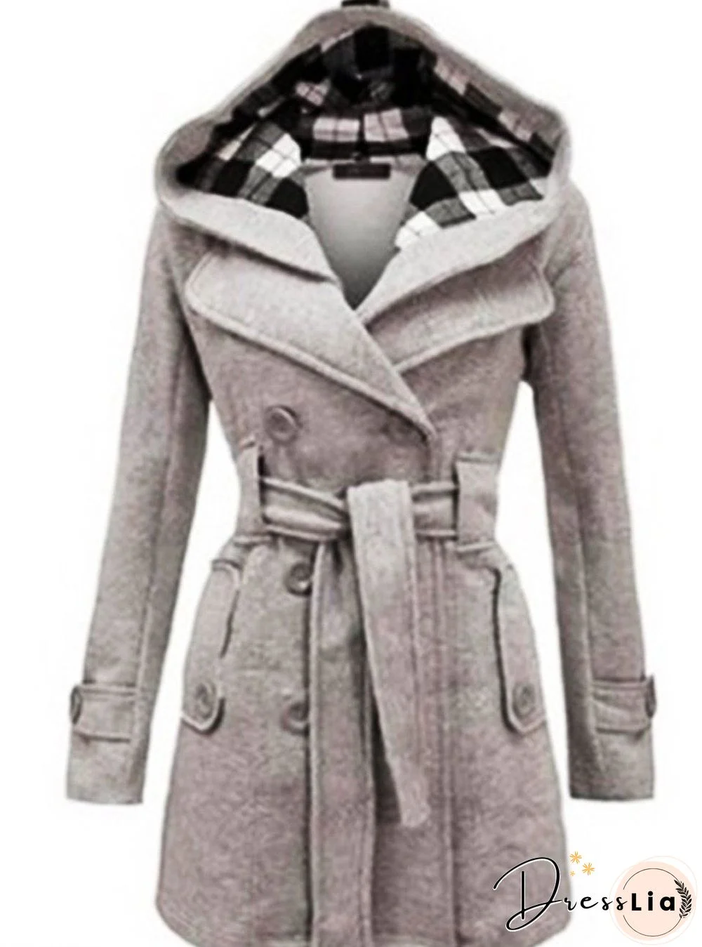 Checked Hooded Woolen Coat With Long Belt