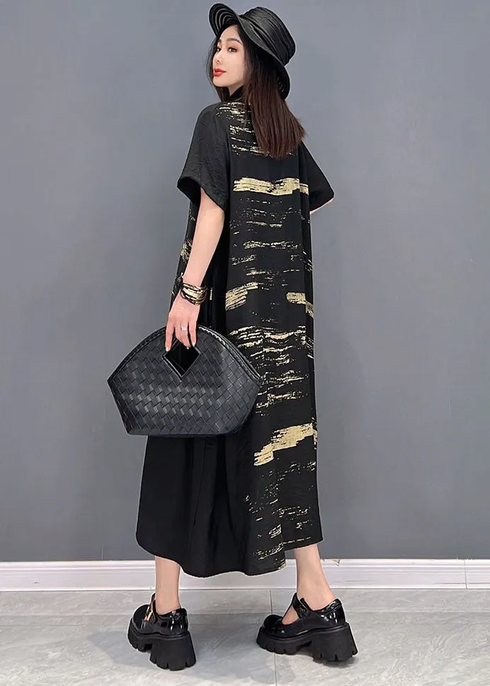 Elegant Black Peter Pan Collar Button Asymmetrical Print Shirt Dress Short Sleeve