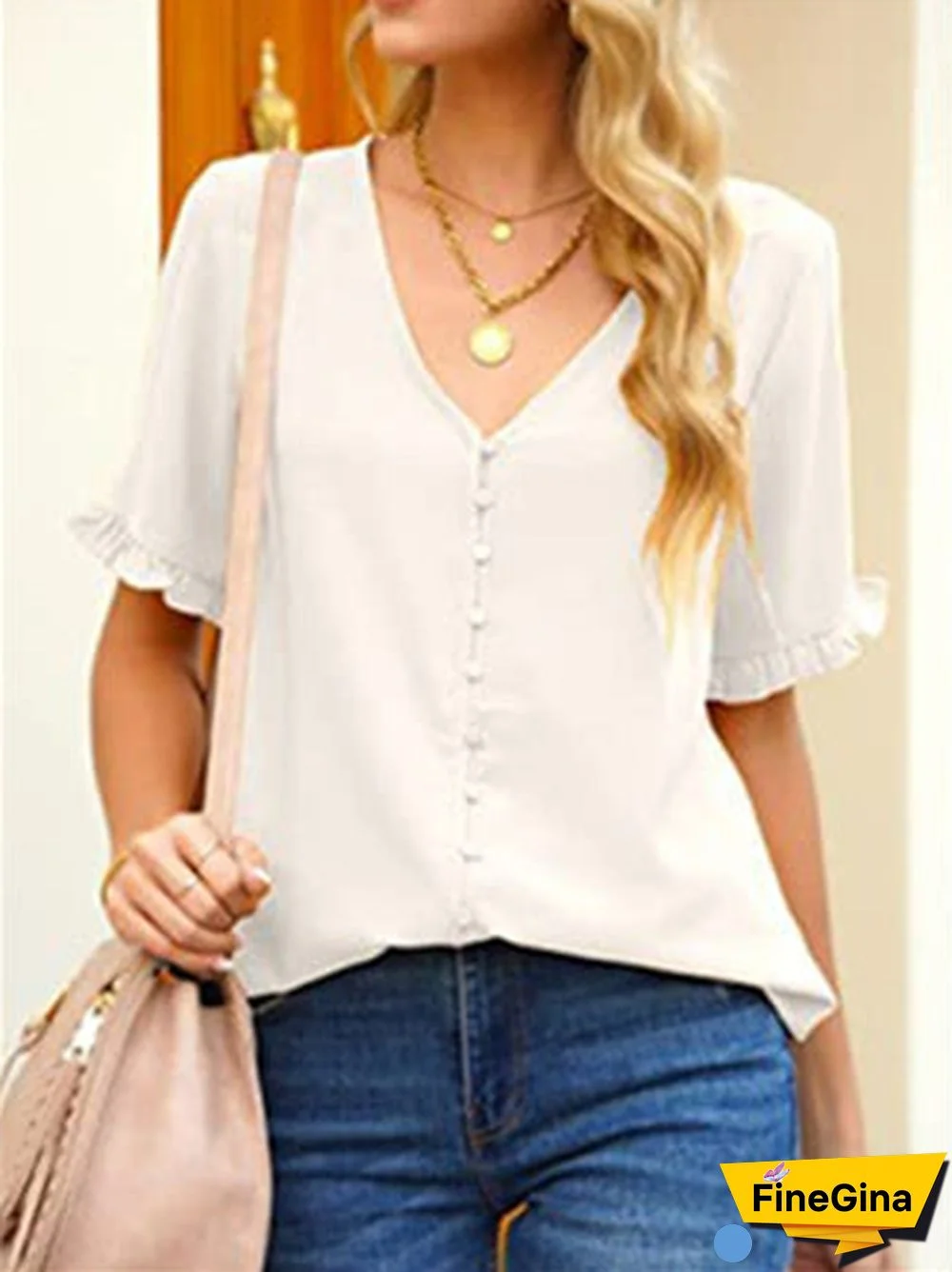 Women's Short Sleeve V-neck Buttons Top