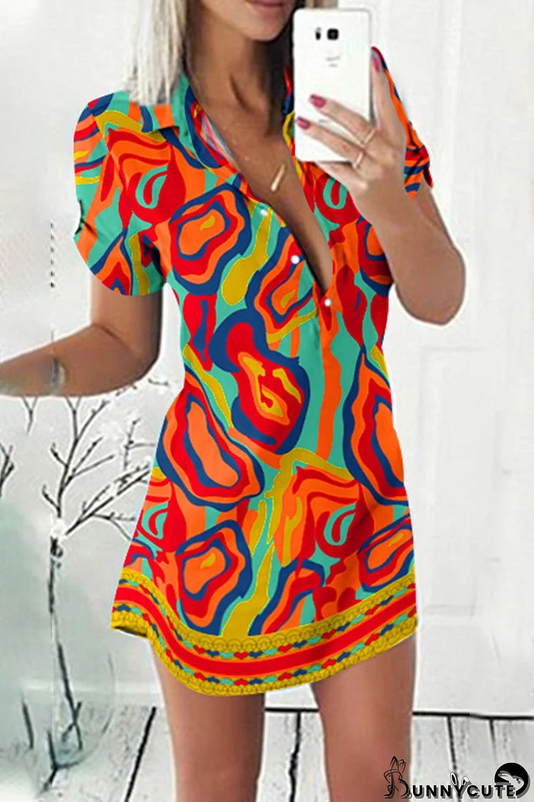 Multi-color Casual Print Buckle V Neck A Line Dresses
