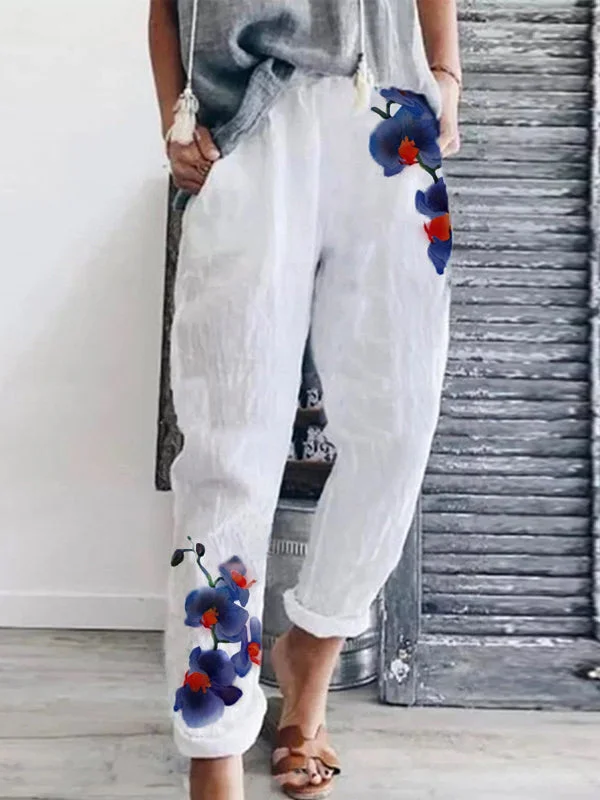Women's Linen Butterfly Orchid Print Casual Pants