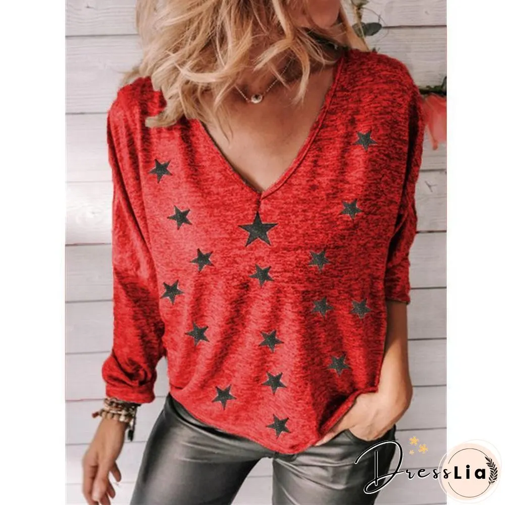 V Neck Stars Printed Long Sleeve Top