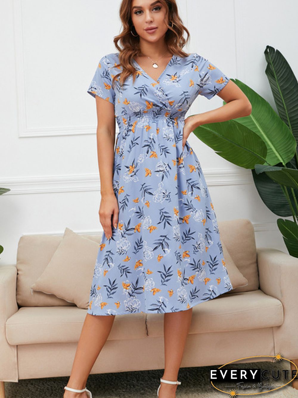 Disty Floral Ruffle Hem Elastic Waist Summer Dress