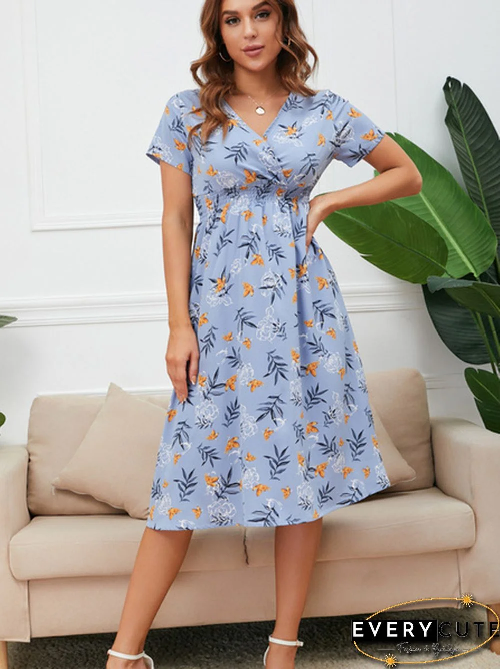 Disty Floral Ruffle Hem Elastic Waist Summer Dress