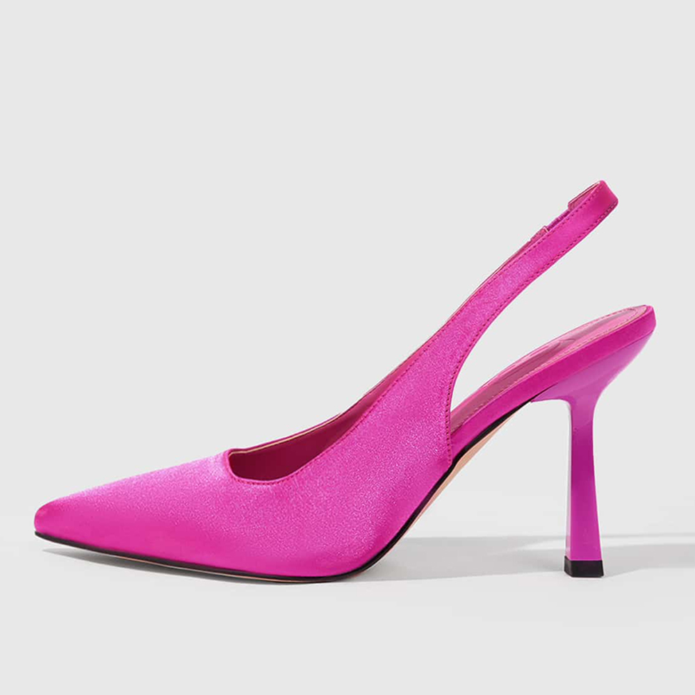 Pink Satin Closed Toe  Flared Heel Slingback Pumps with Rhinestone Nicepairs