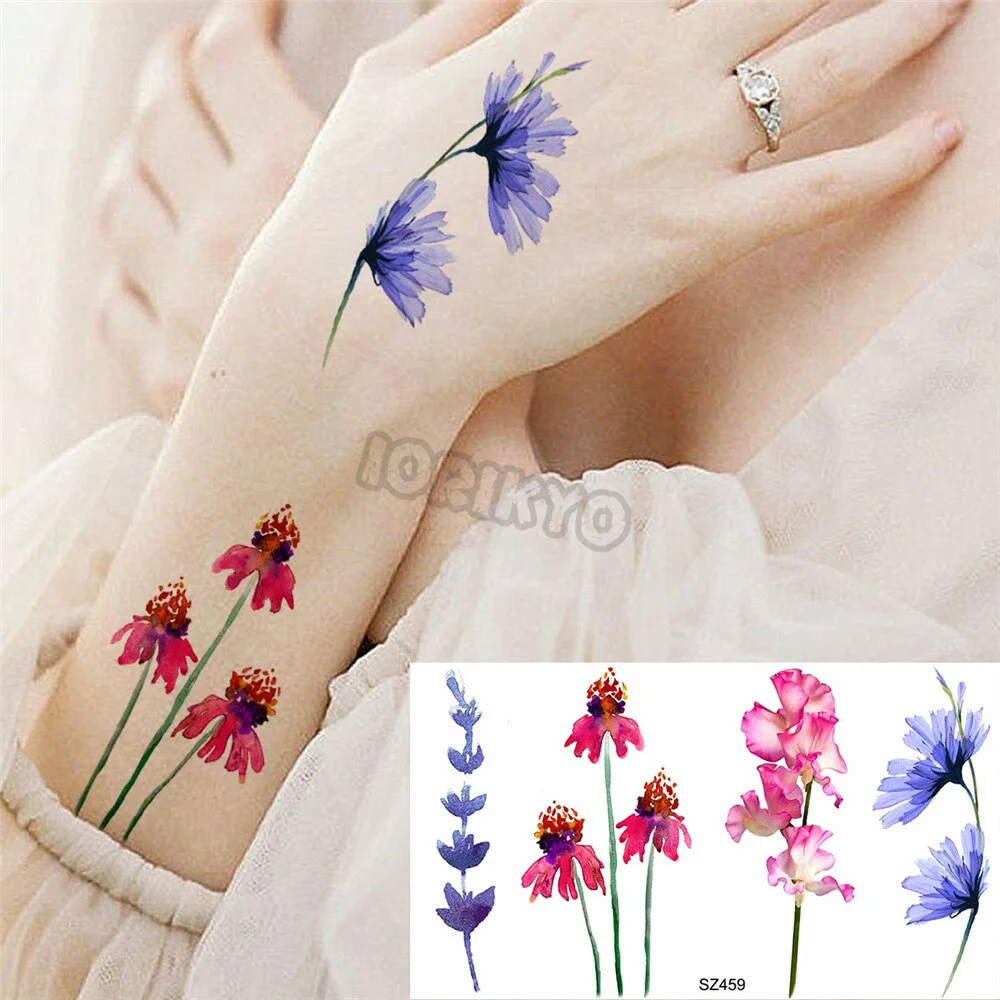 Black Poppy Flower Temporary Tattoos For Women Kids Realistic Lavender Plum Waterproof Fake Tattoo Sticker Tattoo Arm Body
