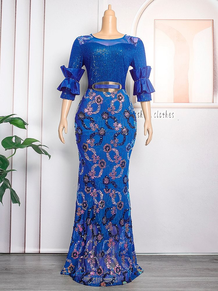 African Americans fashion QFY Traditional Ladies Clothing African Dashiki Women Dress Sequin Maxi Robes Dubai Boubou Gowns Africain Femme Embroidery Outfit Ankara Style QueenFunky