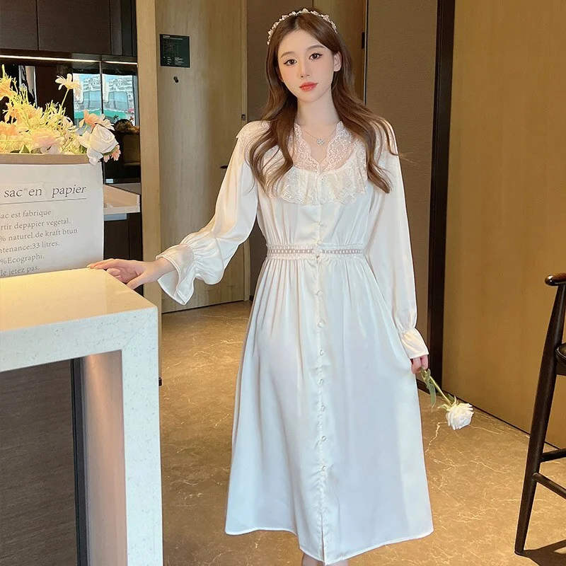 Women's Sleepwear Elegant  Lace Long Nightgown Palace Style Princess Nightdress Spring Summer Satin Home Dress Lounge Wear