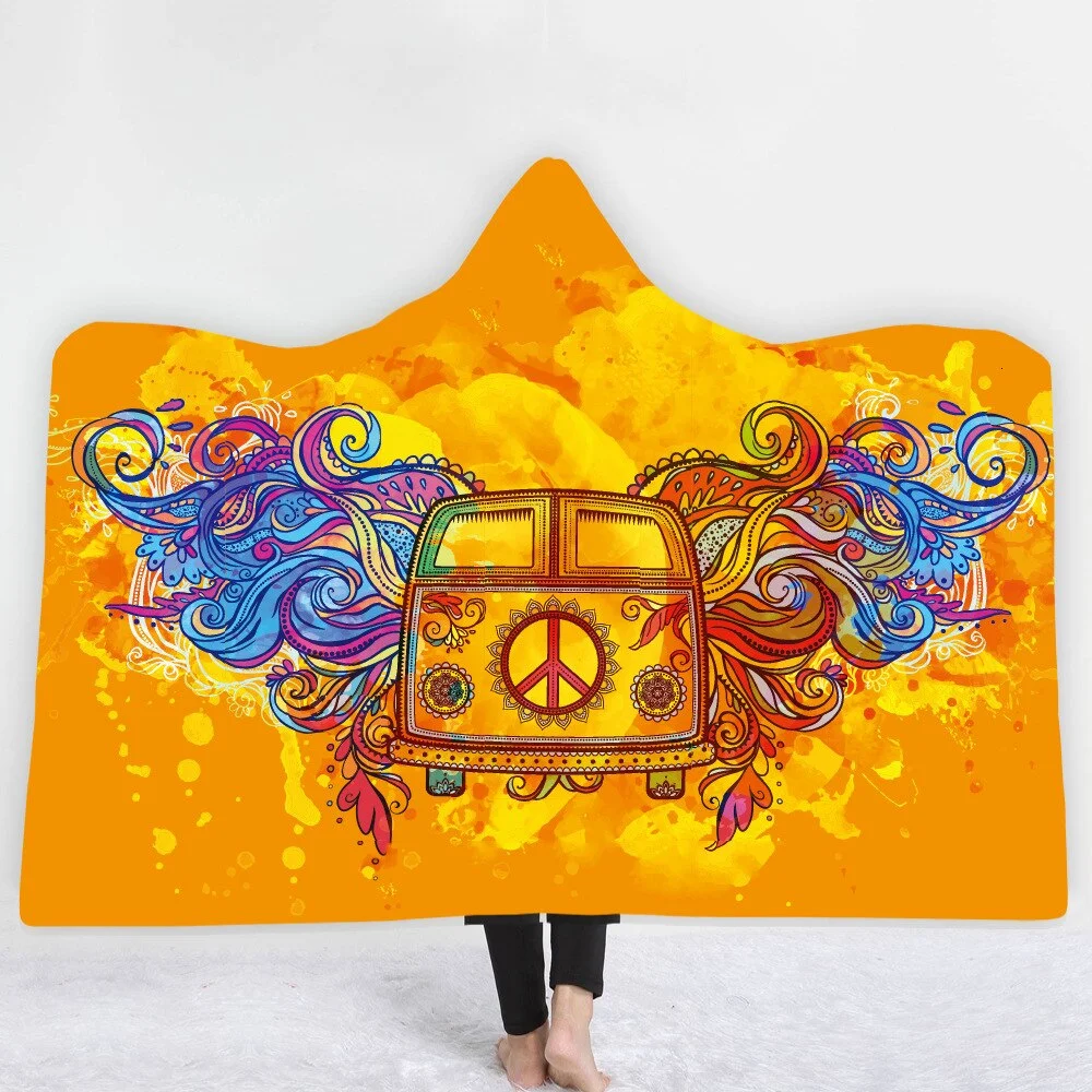 Hippie Hooded Blanket For Adults Childs 3D Printed Sherpa Fleece Blanket Microfiber Wearable Throw Blanket For Home Travel Sofa
