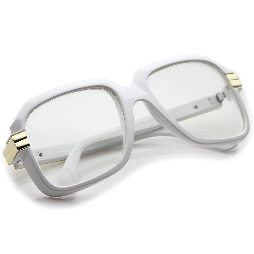 Large Colored Metal Accent Temple Clear Lens Square Glasses 55mm