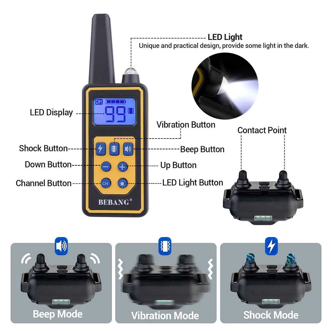 BEBANG Dog Training Collars, Dog Shock Collar with Remote 2600 feet, 4 Modes Beep Vibration Shock,Waterproof, LED Light, USB Charging, Dog Bark Collar for Small Medium Large Dogs