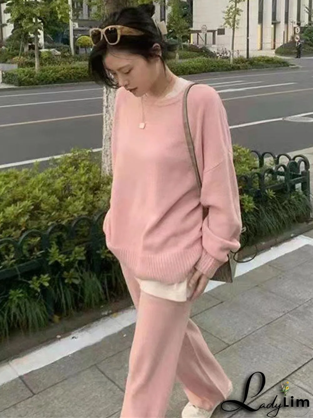 Casual Loose Solid Color Round-Neck Sweater Tops & Wide Leg Pants Suits
