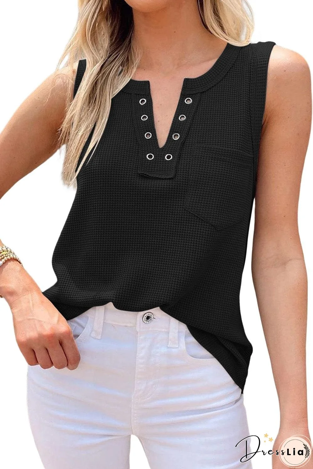 Chic Eyelet Detail Waffle Knit Sleeveless Tank