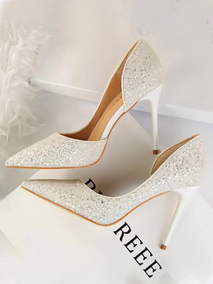 Sexy stiletto high-heeled shallow pointy side hollow sequin single shoes