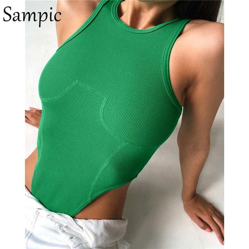 Sampic Y2K Skinny Green Summer 2021 Sexy Casual Bodysuit Tops Women Club Streetwear Short Wrap Rompers Jumpsuit Festival Clothes