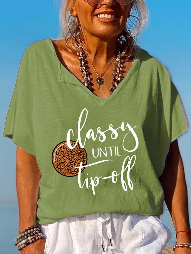 Classy until tipoff leopard basketball V Neck T-shirt-Annaletters