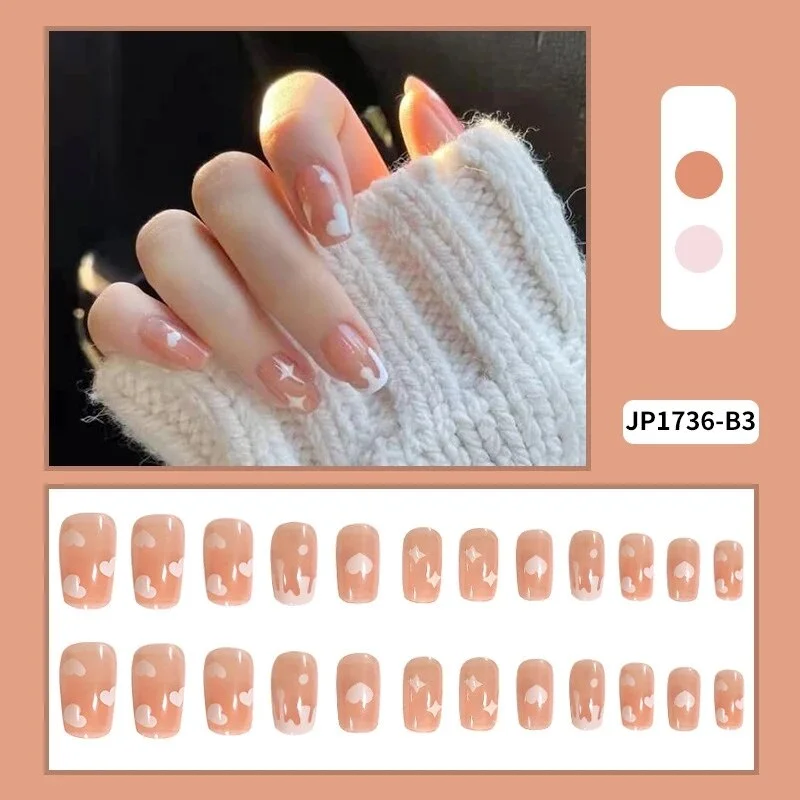 Short Nail with Design Nude Pink Color Square Head Full Cover Nail Art Tips Women Nail Decorative Christmas Press On Nail Tips-Nail Inspo