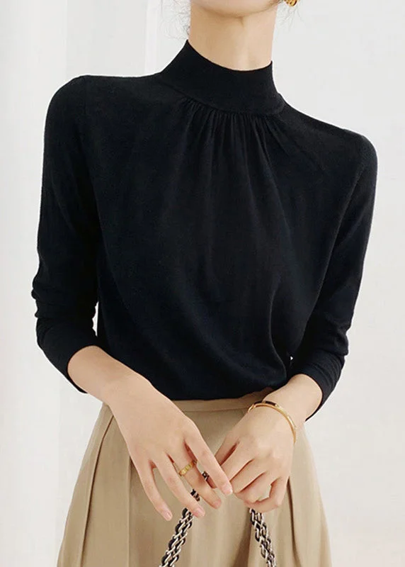 New Black Solid Turtleneck Patchwork Knit Top Fall
