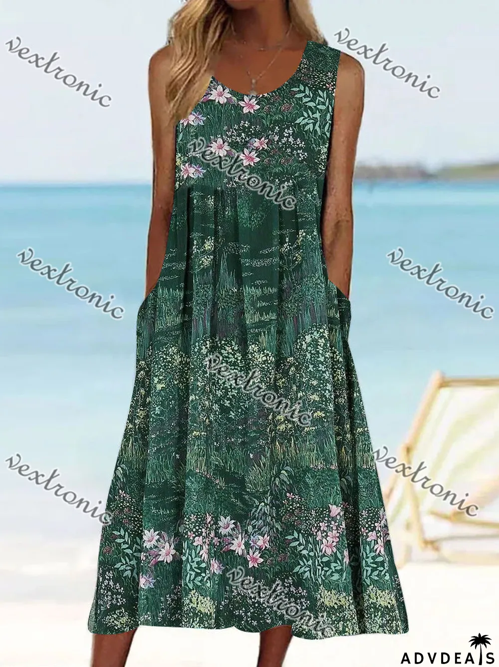 Women's Green Sleeveless Scoop Neck Pockets Graphic Floral Printed Midi Dress